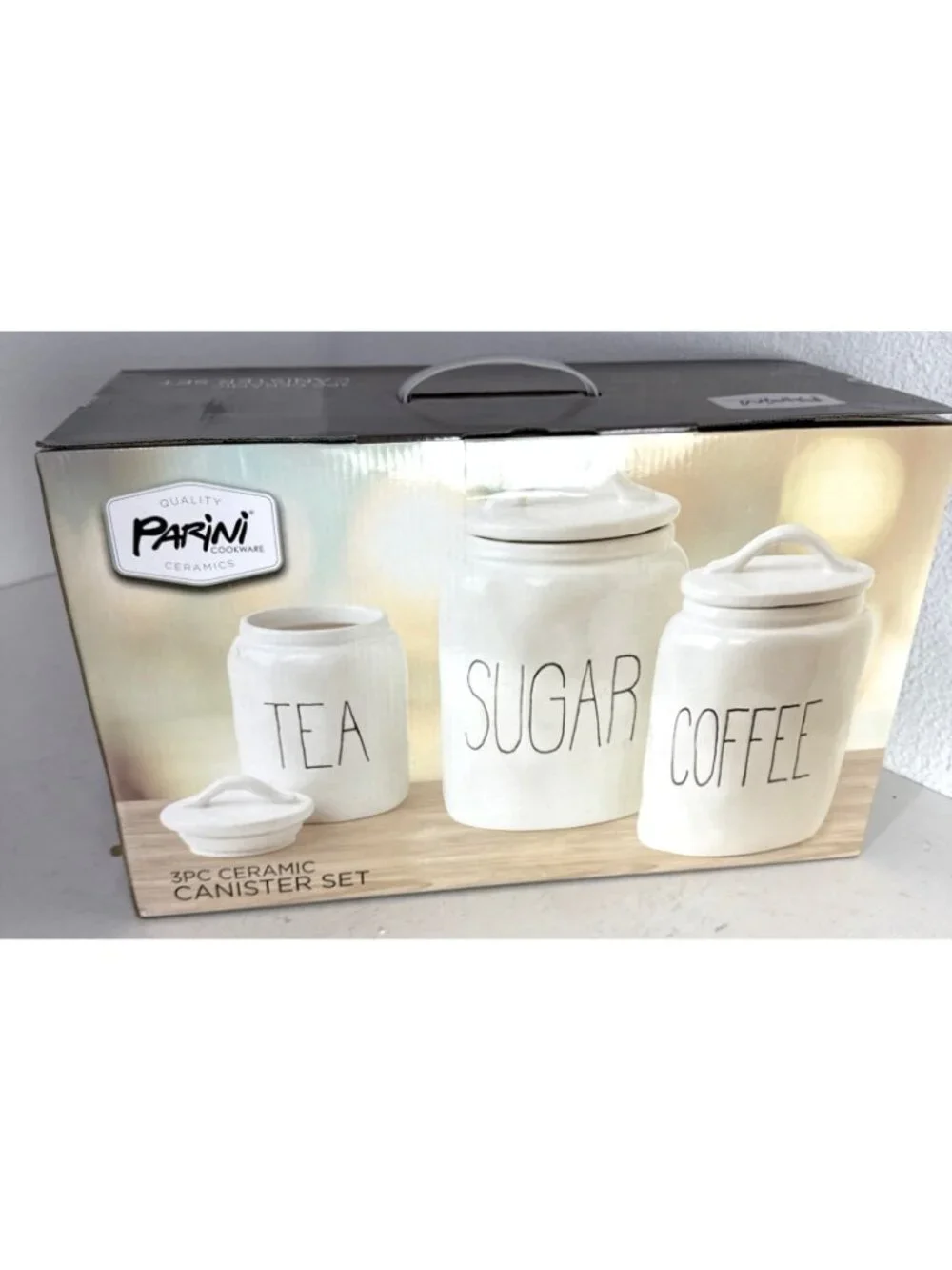 Parini Cookware 3 Piece Ceramic Canister Set Tea Sugar and Coffee, New In Box